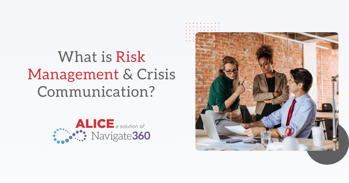 Text reading: What is Risk Management & Crisis Communication? 3 coworkers discussing work at a desk.
